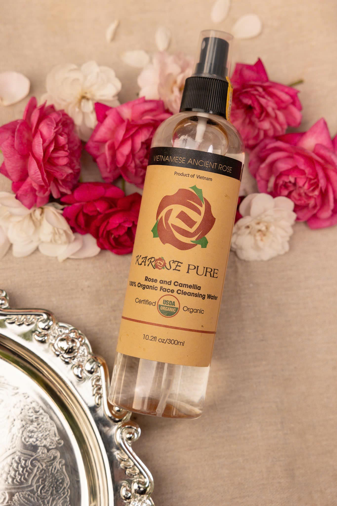 ORGANICS USDA Certified Rose Water For Face Cleasing (300ml/ 10.2 f.oz) from Vietnam unique ancient roses 100% Organic Roses, tea leaves and epsom salt